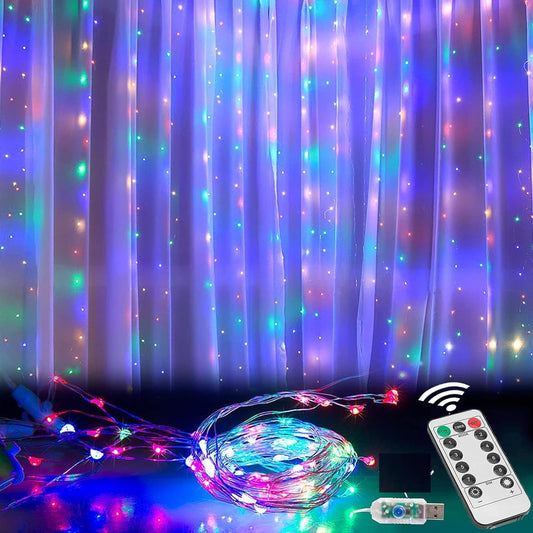 Honche 300 Led Curtain Light Fairy Twinkle Light USB with Remote for Room Bedroom Wedding Party Window Halloween Christmas Decorate (Multi Color)